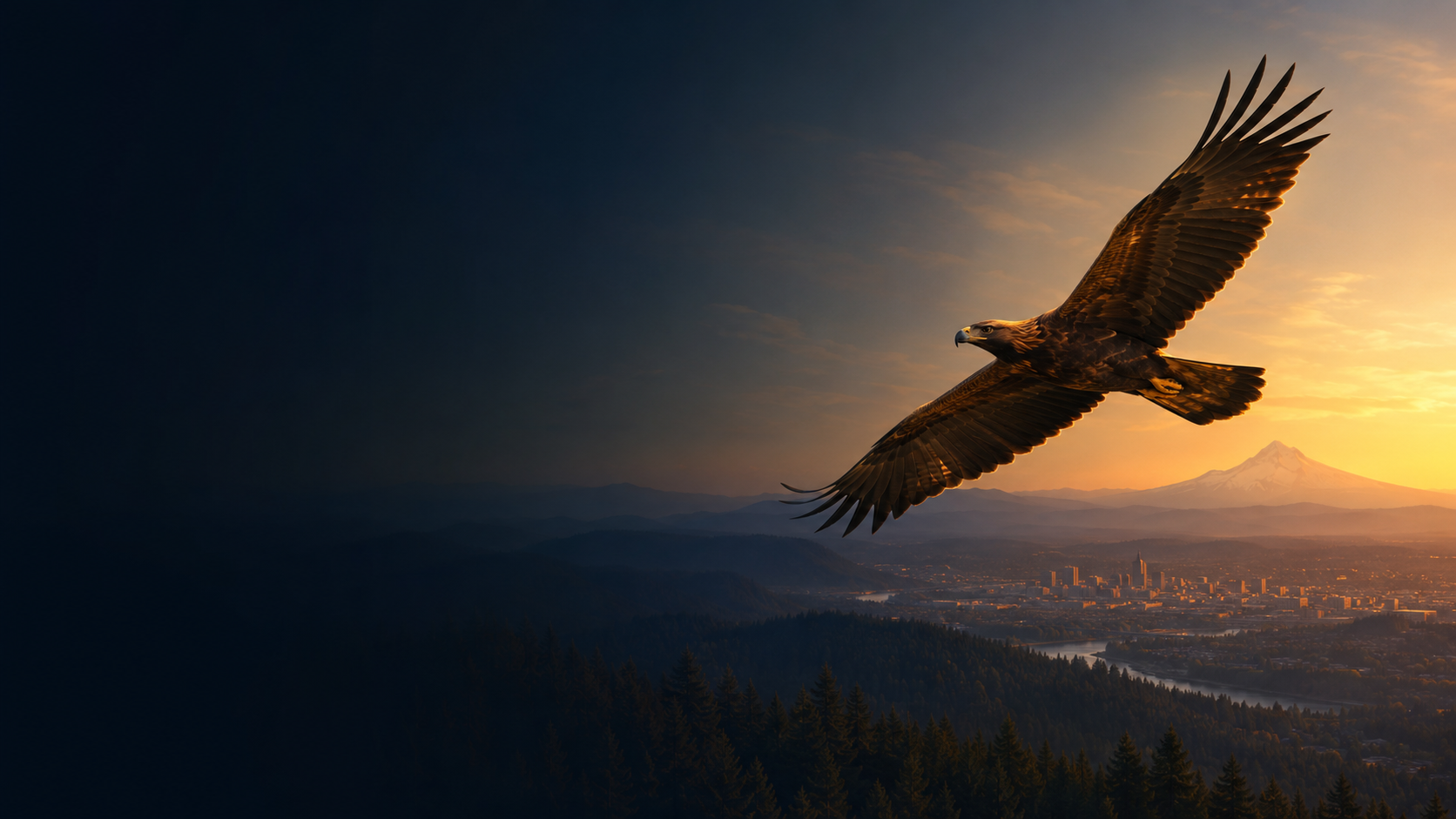 Golden eagle in flight over Portland at sunset